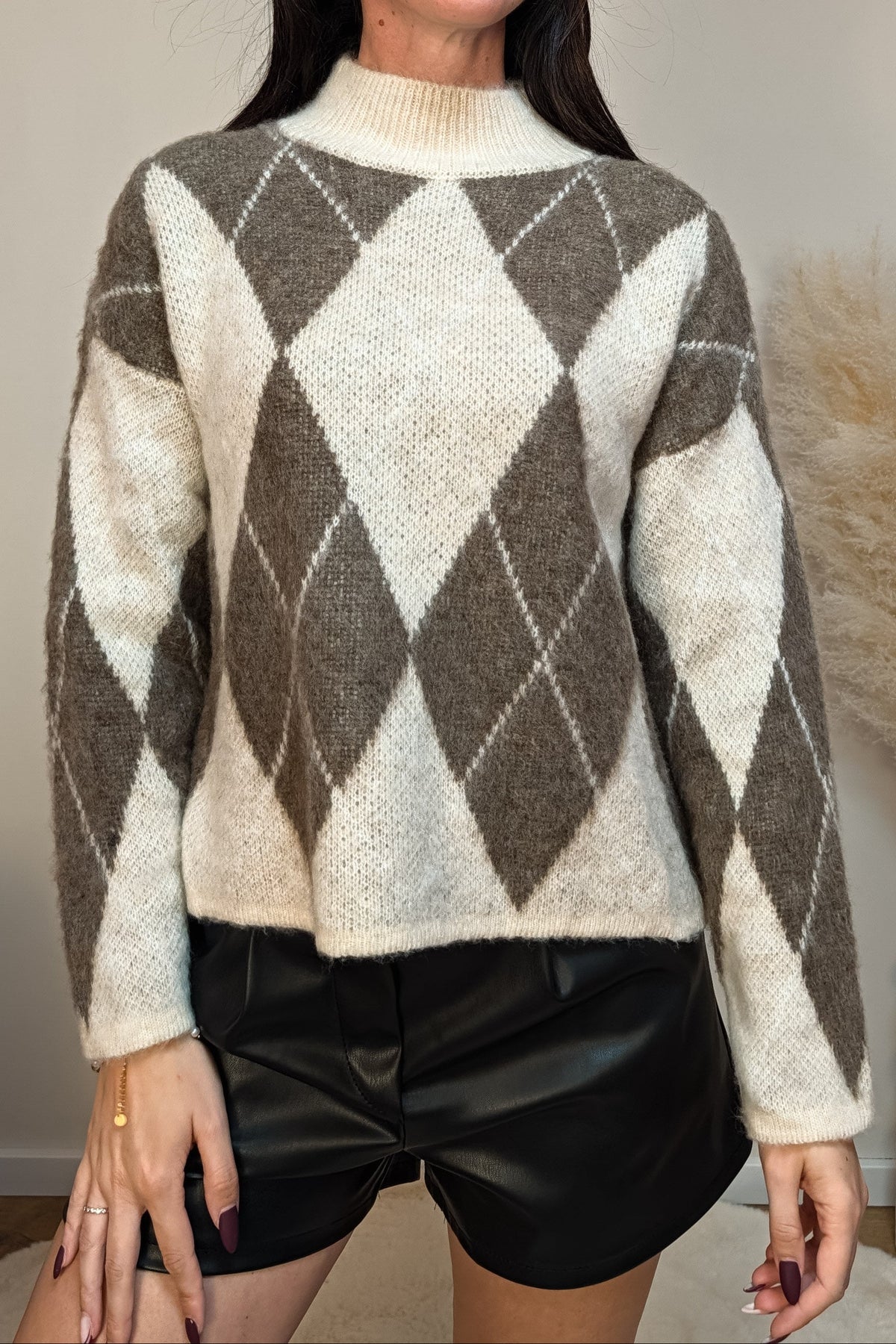 Strickpullover - Raute beige