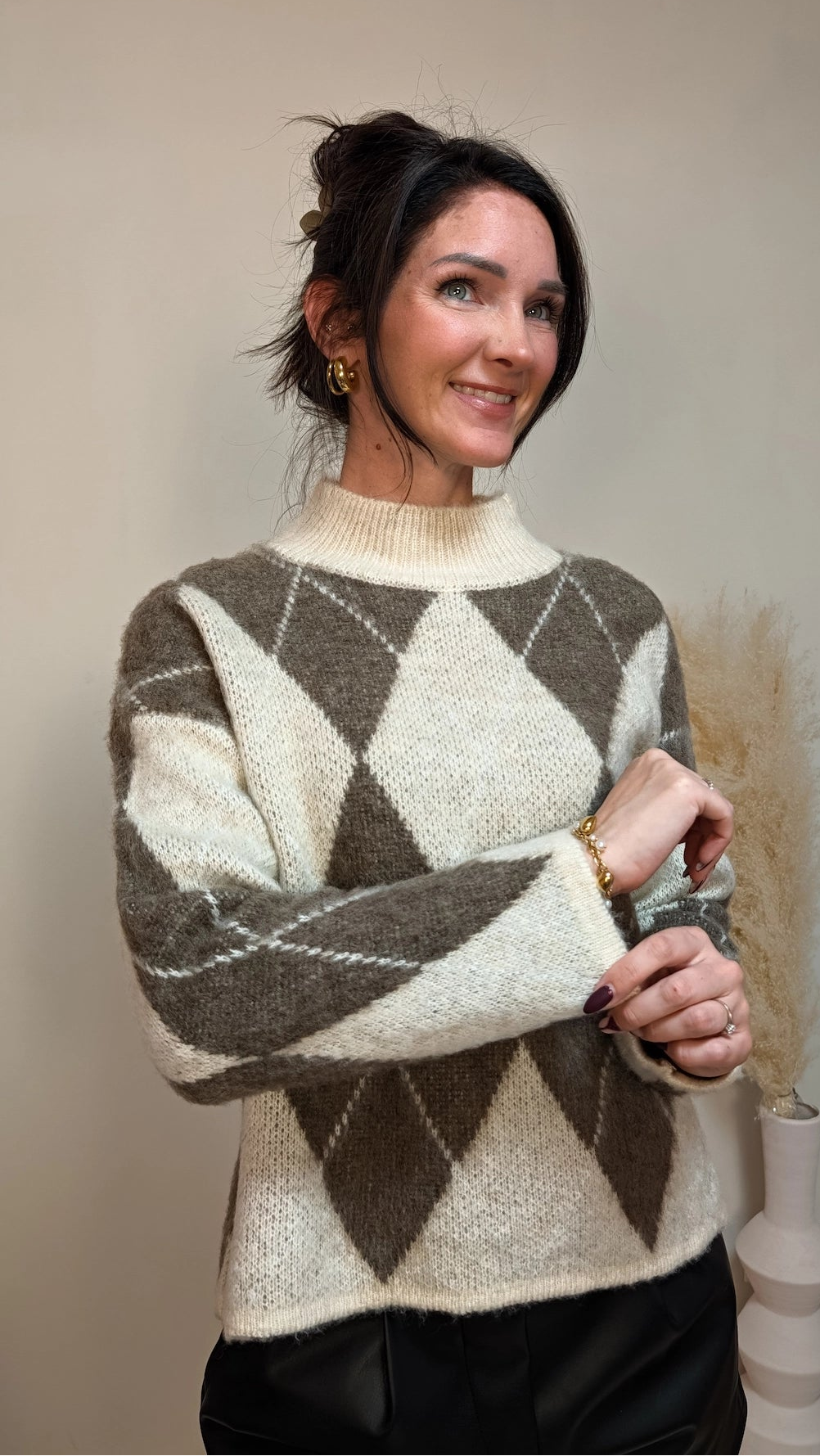 Strickpullover - Raute beige
